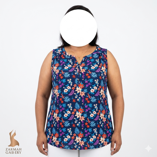 تاپ زنانه نخی برند سوناما رنگ سرمهای با طرح گلهای هاوایی قرمز و آبی مناسب تابستان