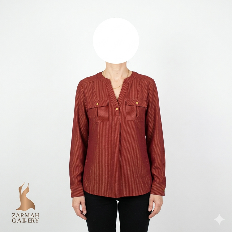 شومیز زنانه آستین بلند برند a.n.a رنگ جگری با خطوط طلایی لورکس، مناسب استایل نیمه رسمی و مجلسی، موجود در فروشگاه زرماه گالری.