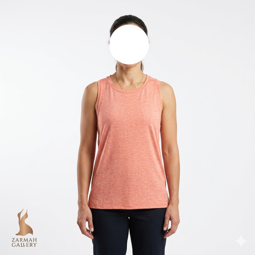 تاپ زنانه رکابی رنگ گلبهی ملانژ استوک وارداتی مناسب استایل ورزشی و کژوال