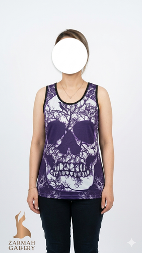 تاپ زنانه رکابی بنفش و سفید استوک وارداتی طرح اسکلت و درختان سایز ۴۰ تا ۴۲ زرماه گالری