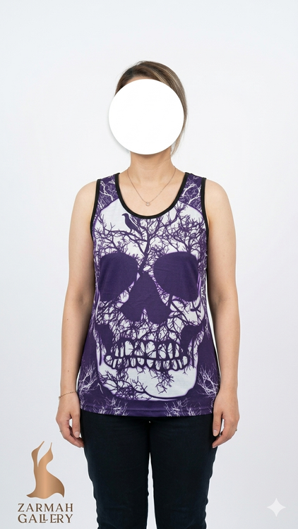 تاپ زنانه رکابی بنفش و سفید استوک وارداتی طرح اسکلت و درختان سایز ۴۰ تا ۴۲ زرماه گالری