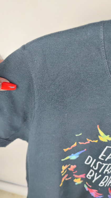 تیشرت زنانه استوک سورمهای مارک Port & Company با طرح نوشته "Easily Distracted By Birds" و پرندگان رنگی، مناسب سایز 40 تا