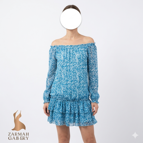 پیراهن زنانه آبی گلدار مدل سرشانه قایقی برند استوک خارجی کد 908 با ایراد جزئی در دوخت