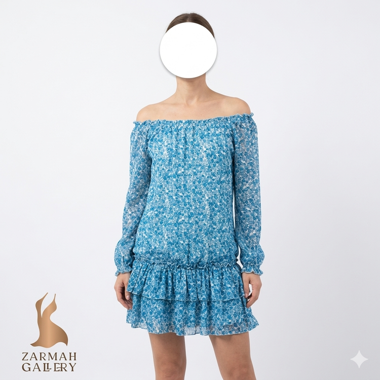 پیراهن زنانه آبی گلدار مدل سرشانه قایقی برند استوک خارجی کد 908 با ایراد جزئی در دوخت