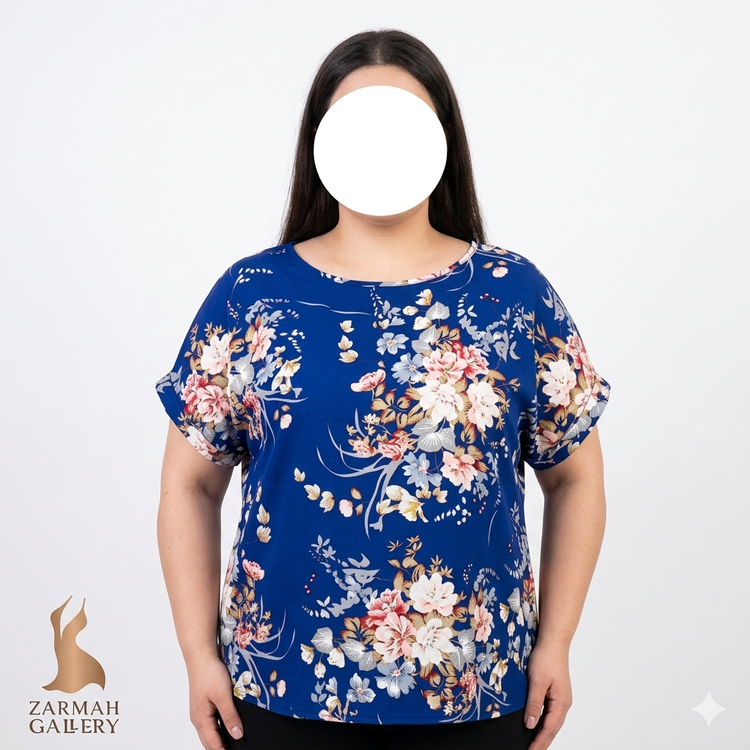 شومیز زنانه سایز بزرگ استوک وارداتی طرح گلدار رنگ سرمهای کد ۲۳۰۷ تنخور مدل