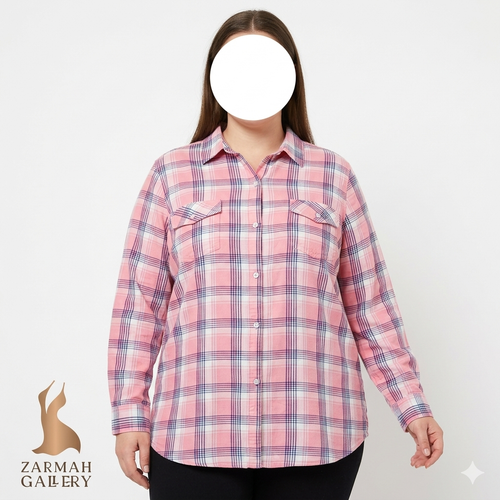 شومیز نخی چهارخونه صورتی و سرمهای زنانه سایزبزرگ برند سوما SONOMA گرید A زرماه گالری