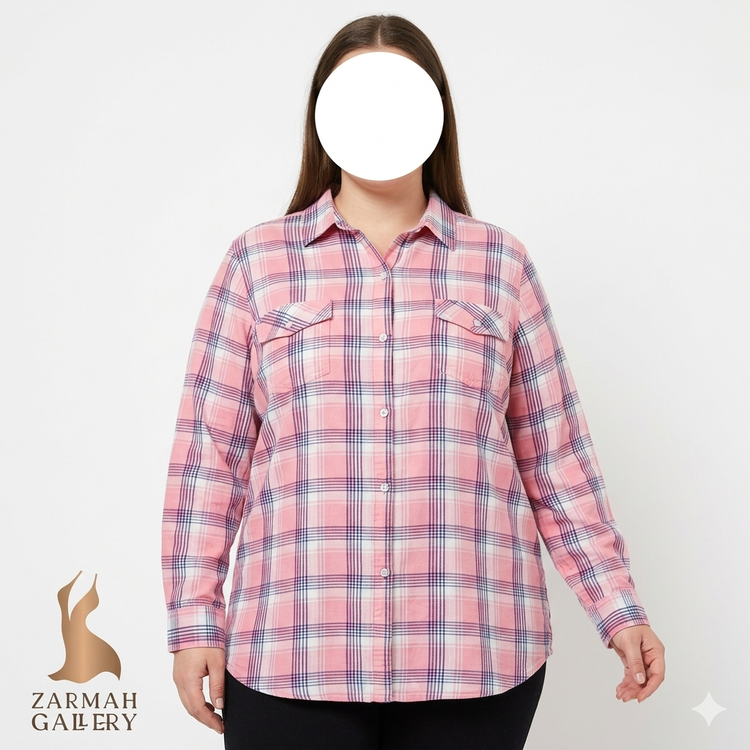 شومیز نخی چهارخونه صورتی و سرمهای زنانه سایزبزرگ برند سوما SONOMA گرید A زرماه گالری