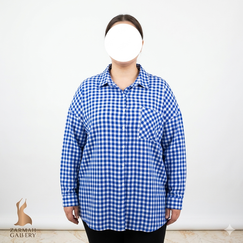 شومیز چهارخانه آبی و سفید زنانه سایزبزرگ برند اباند استوک اروپایی وارداتی جنس نخی ویسکوز