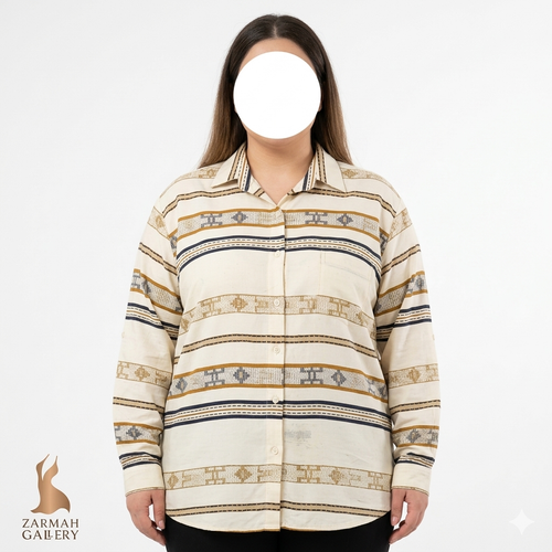 شومیز سایزبزرگ زنانه استوک اروپایی برند هانرز پلاس رنگ کرم با طرح هندسی سنتی و کیفیت درجه یک گرید