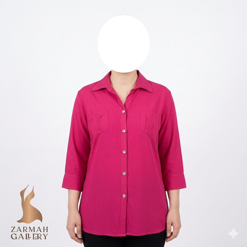 شومیز زنانه وارداتی استوک رنگ سرخابی با آستین سه ربع و دو جیب روی سینه گالری زرماه