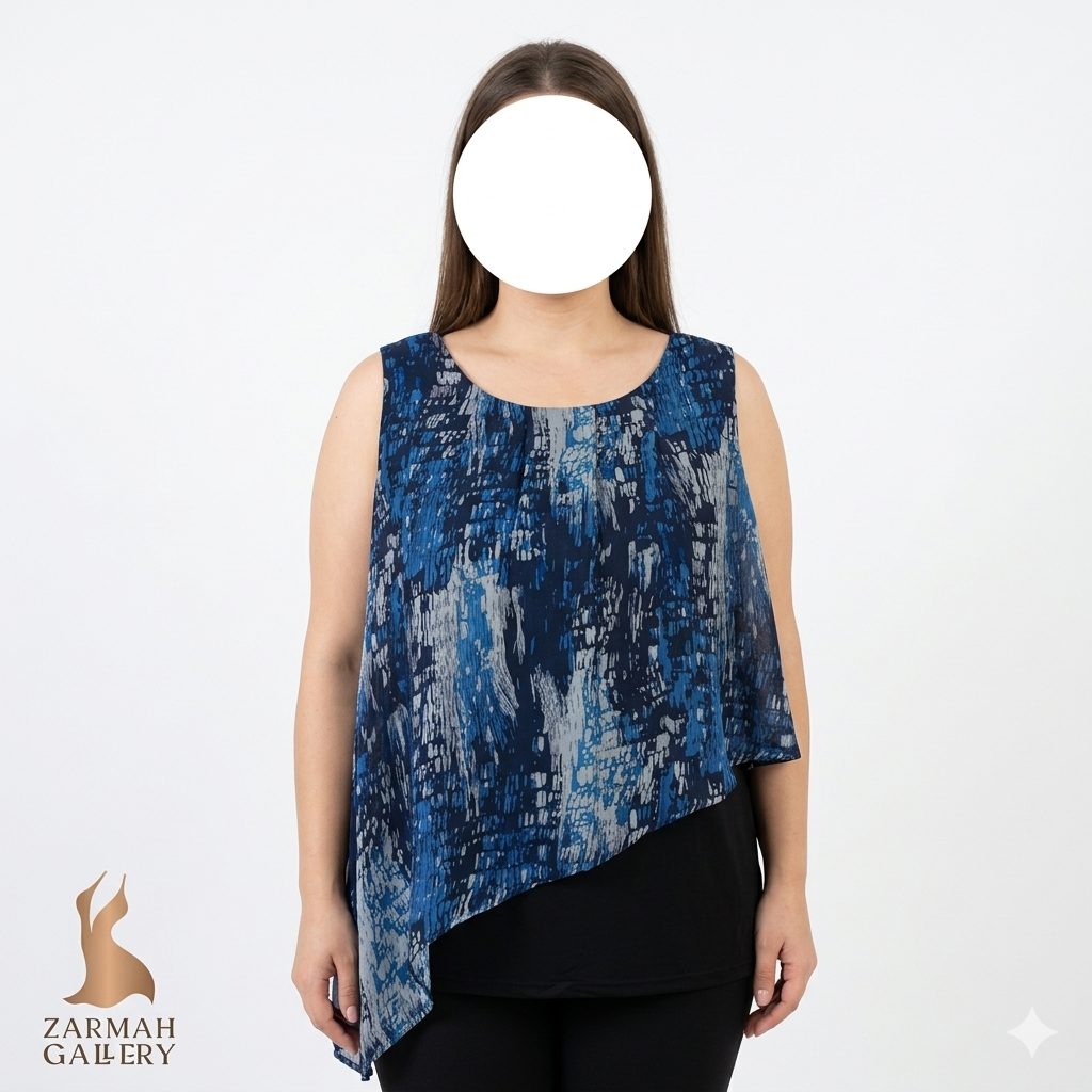 تاپ زنانه بدون آستین دو لایه، رویه حریر با طرح انتزاعی آبی و سرمهای و زیره مشکی برند HAN YI