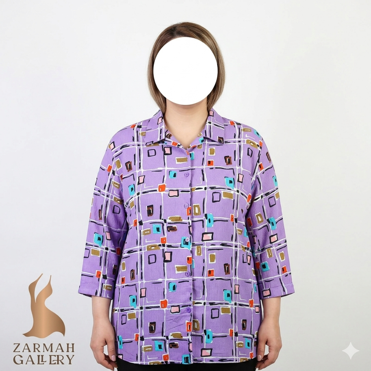 شومیز زنانه سایزبزرگ برند نوتیشنز رنگ بنفش با طرح هندسی رنگی و آستین سه ربع مناسب استایل کژوال