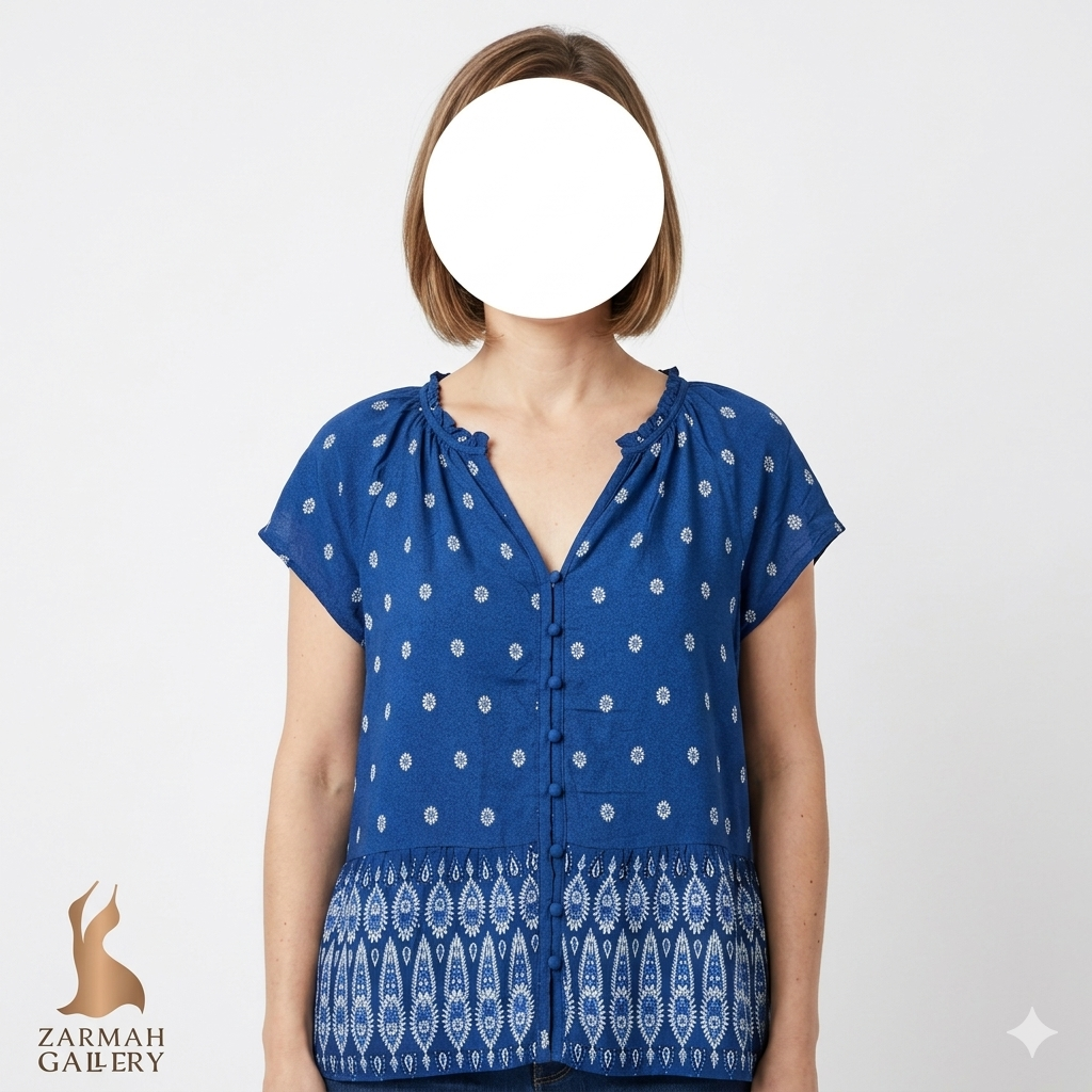 شومیز زنانه استوک اروپایی برند LOFT رنگ آبی طرحدار آستین کوتاه جنس خنک مناسب استایل تابستانه