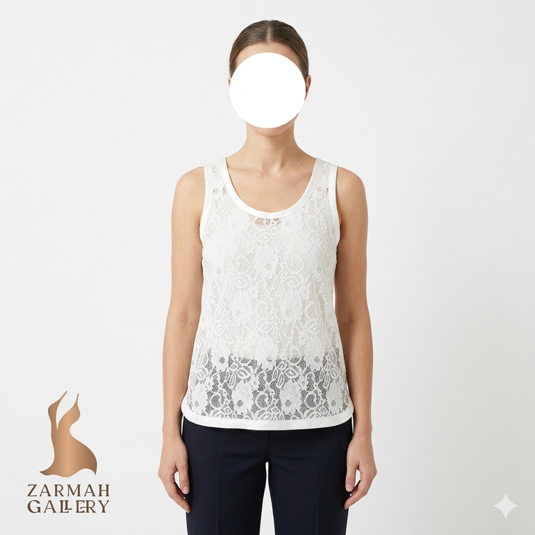 تاپ زنانه مجلسی گیپور سفید وارداتی استوک کد ۵۴ با یقه گرد مناسب استایل نیمهرسمی و زیرکت