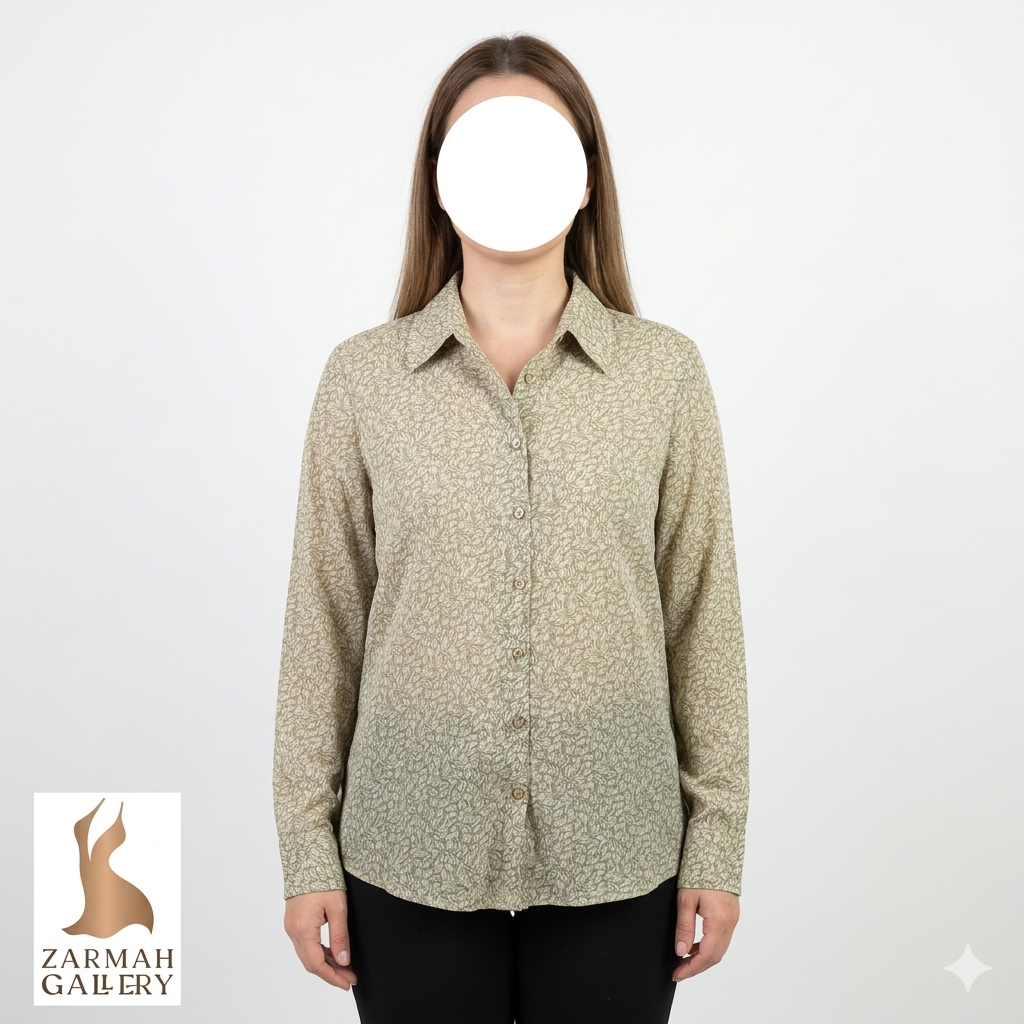 شومیز زنانه برند پولو Polo رنگ زیتونی کرم طرح‌دار ۱۰۰٪ پنبه استوک وارداتی زرماه گالری