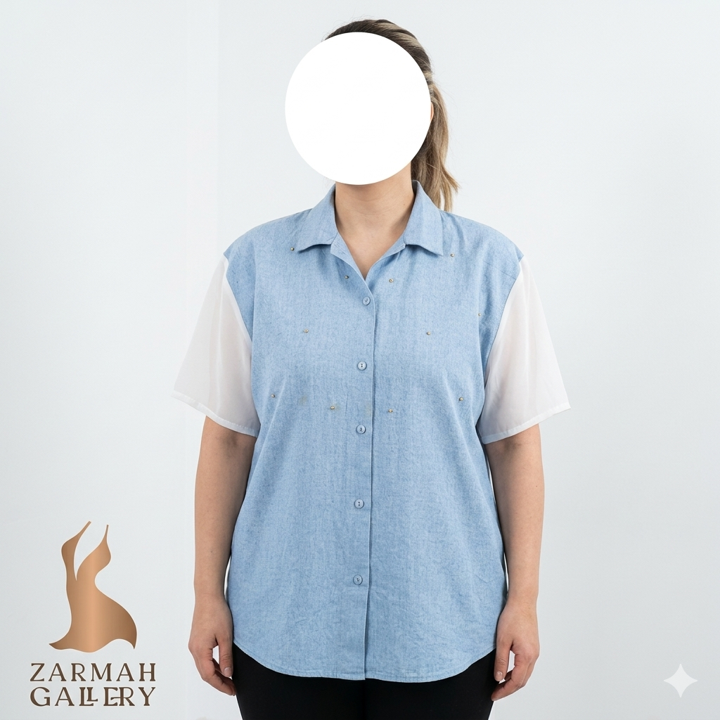 شومیز زنانه استوک خارجی رنگ آبی روشن طرح جین آستین کوتاه سفید حریر مروارید دوزی شده