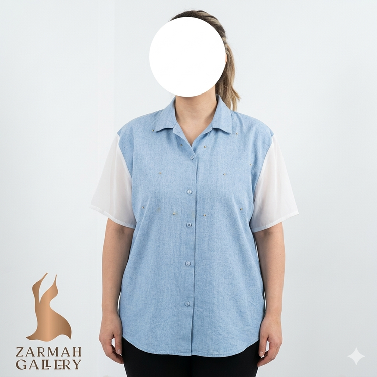 شومیز زنانه استوک خارجی رنگ آبی روشن طرح جین آستین کوتاه سفید حریر مروارید دوزی شده