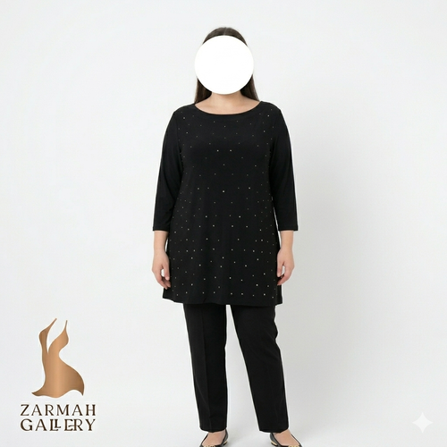 شومیز زنانه سایزبزرگ برند نیگارد رنگ مشکی نگیندار استوک اروپایی مناسب استایل مجلسی و دورهمی