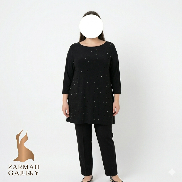 شومیز زنانه سایزبزرگ برند نیگارد رنگ مشکی نگیندار استوک اروپایی مناسب استایل مجلسی و دورهمی