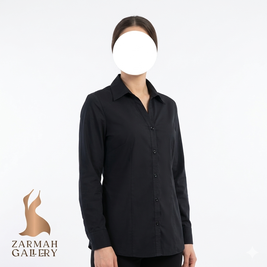شومیز آستین بلند زنانه یقه مردانه مشکی برند Essentials وارداتی استوک اروپایی مناسب استایل رسمی و اداری