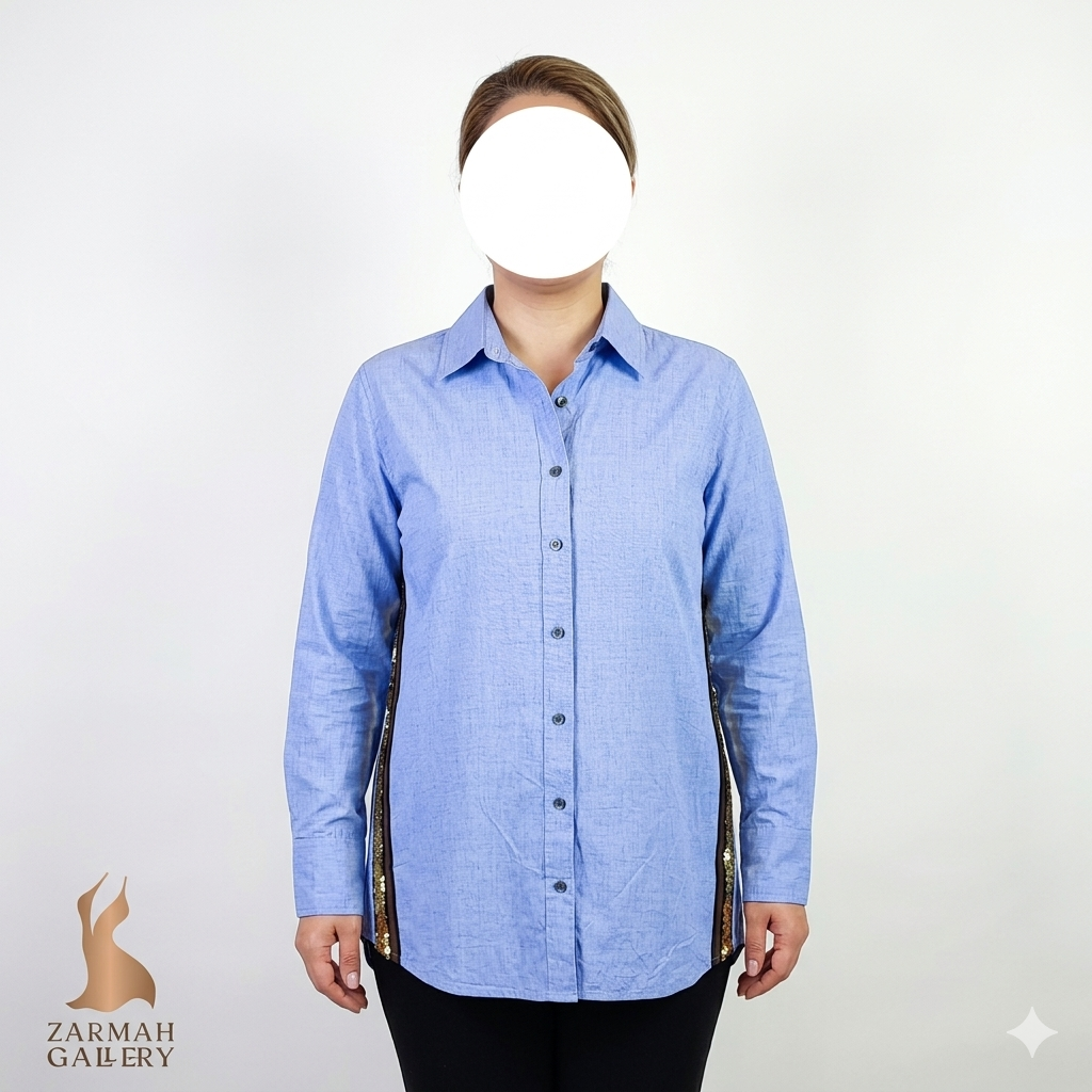شومیز آستین بلند زنانه استوک اصل برند جی کرو (J.CREW) رنگ آبی ملانژ با نوار پولکی طلایی کناره‌ها مناسب استایل نیمه‌رسمی
