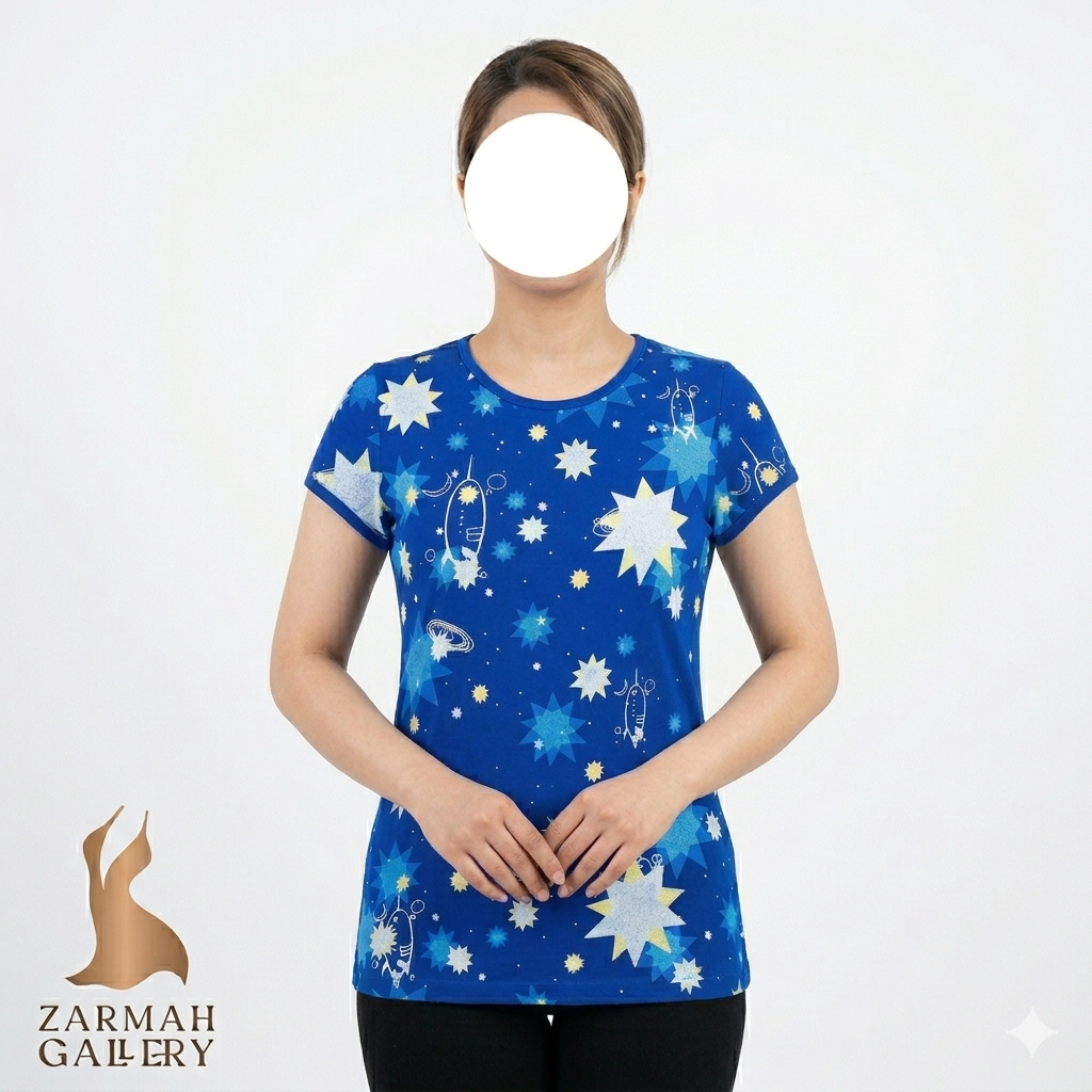 تیشرت زنانه آبی کاربنی برند مدیسین Medicine طرح ستاره و کهکشان استوک اروپایی گرید