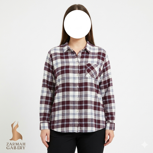 شومیز چهارخونه زنانه برند راوت ۶۶ رنگ زرشکی و سفید سایز بزرگ وارداتی با ایراد جزئی