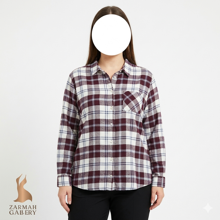 شومیز چهارخونه زنانه برند راوت ۶۶ رنگ زرشکی و سفید سایز بزرگ وارداتی با ایراد جزئی