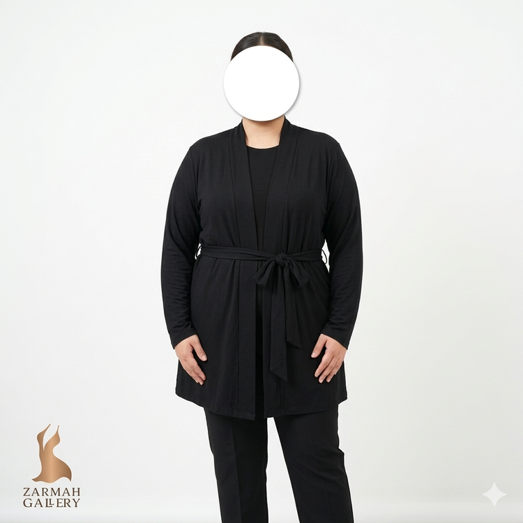 رویه زنانه مشکی برند ACEVOG جلو باز با کمربند پارچهای مناسب سایز بزرگ، آویزان روی رگال و برچسب سایز