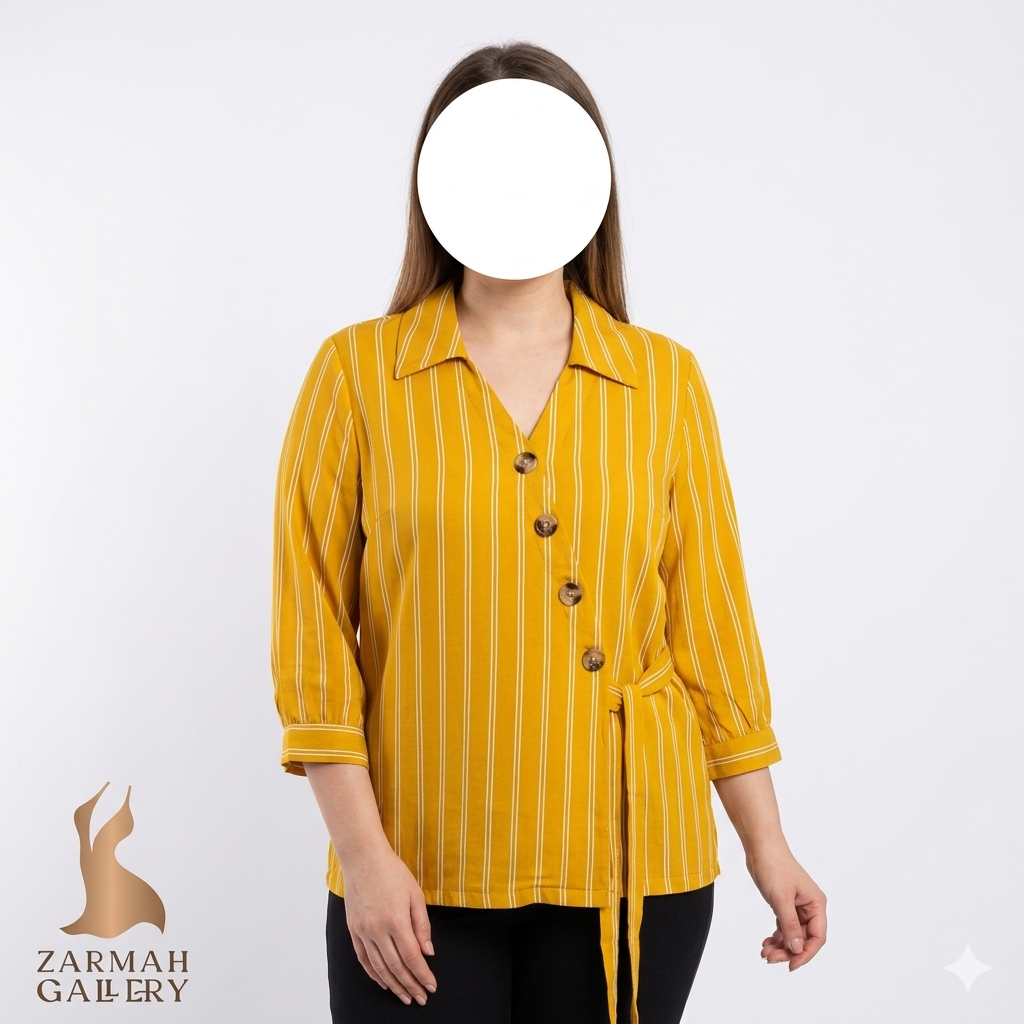 شومیز زنانه خردلی راه راه برند Urban Romantics استوک وارداتی با ایراد جزئی بافت پارچه