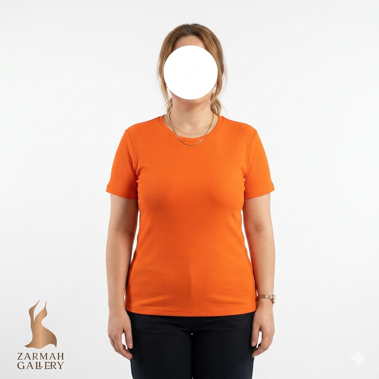تیشرت زنانه آستین کوتاه اسمارا رنگ نارنجی جنس ریب (کبریتی) پنبهای وارداتی اورجینال