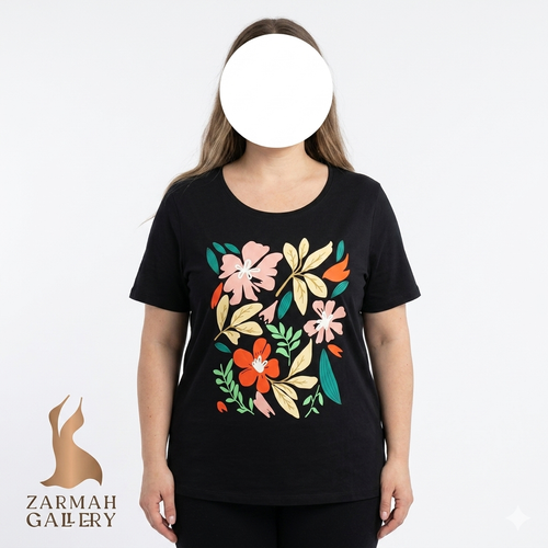 تیشرت مشکی زنانه سایزبزرگ برند اسمارا آلمان طرح گلهای رنگی پنبهای لطیف