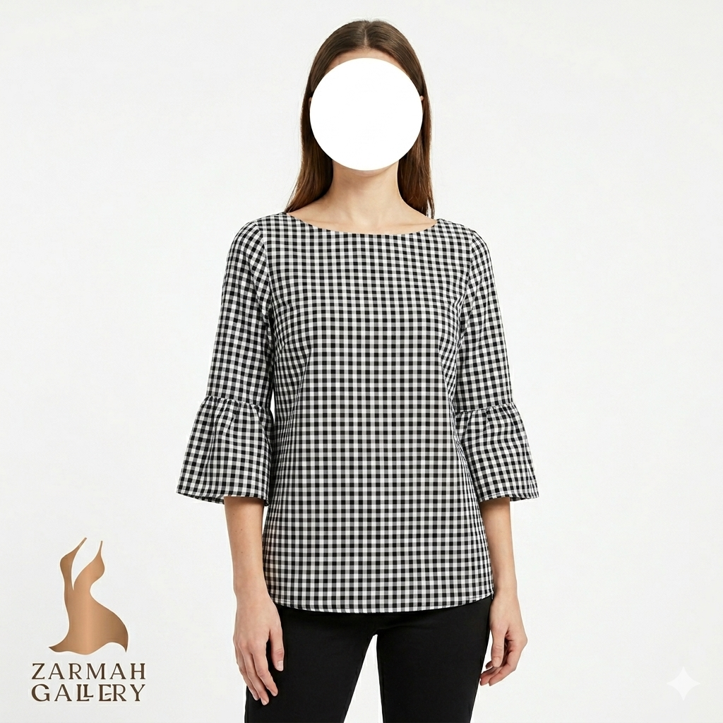 شومیز چهارخانه سیاه و سفید زنانه برند وایت هاوس بلک مارکت آستین سه ربع کلوش مدل استوک اروپایی