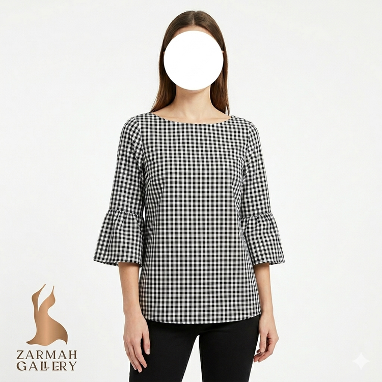 شومیز چهارخانه سیاه و سفید زنانه برند وایت هاوس بلک مارکت آستین سه ربع کلوش مدل استوک اروپایی