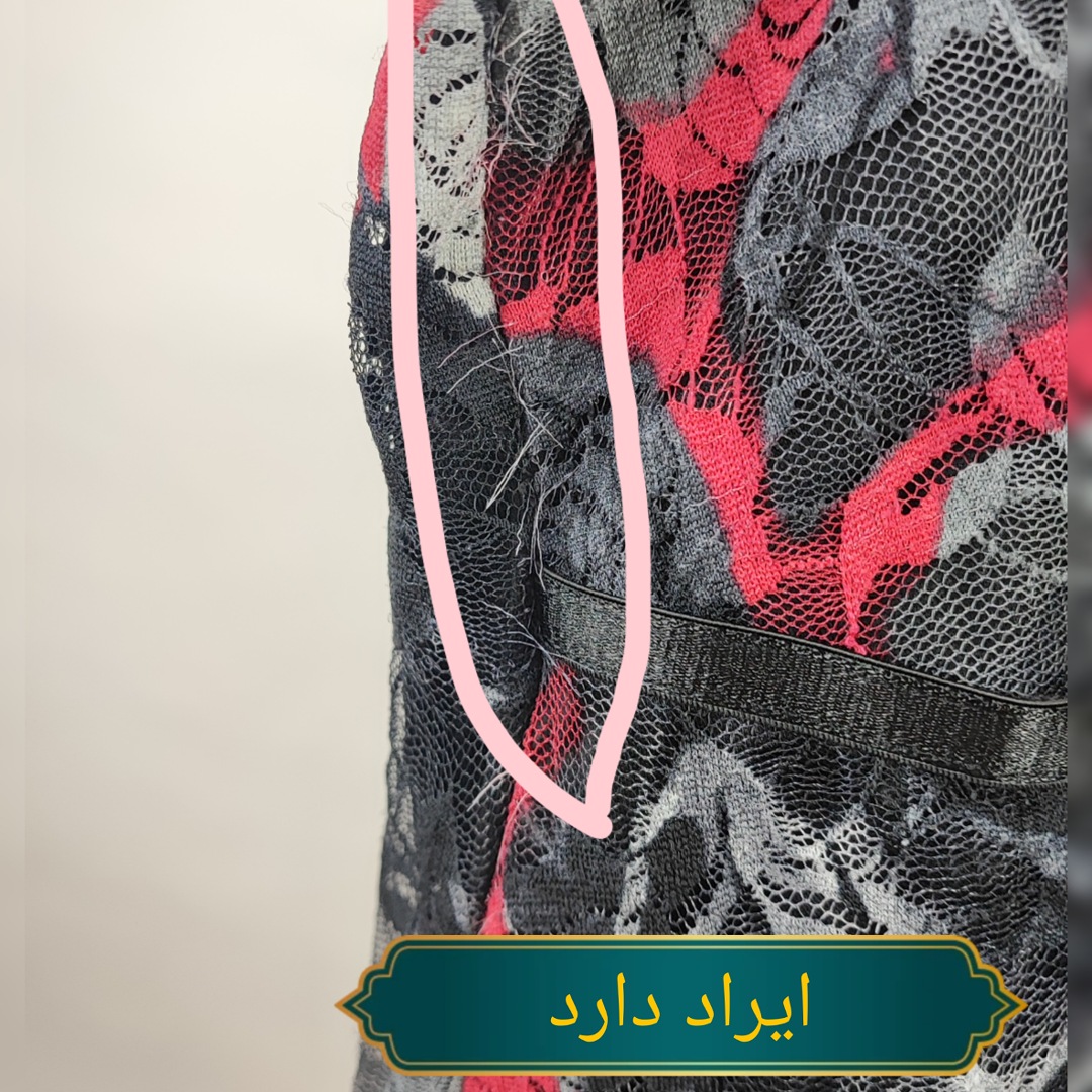 شومیز مجلسی زنانه گیپور طرحدار قرمز و مشکی برند فشن باگ سایز بزرگ استوک وارداتی