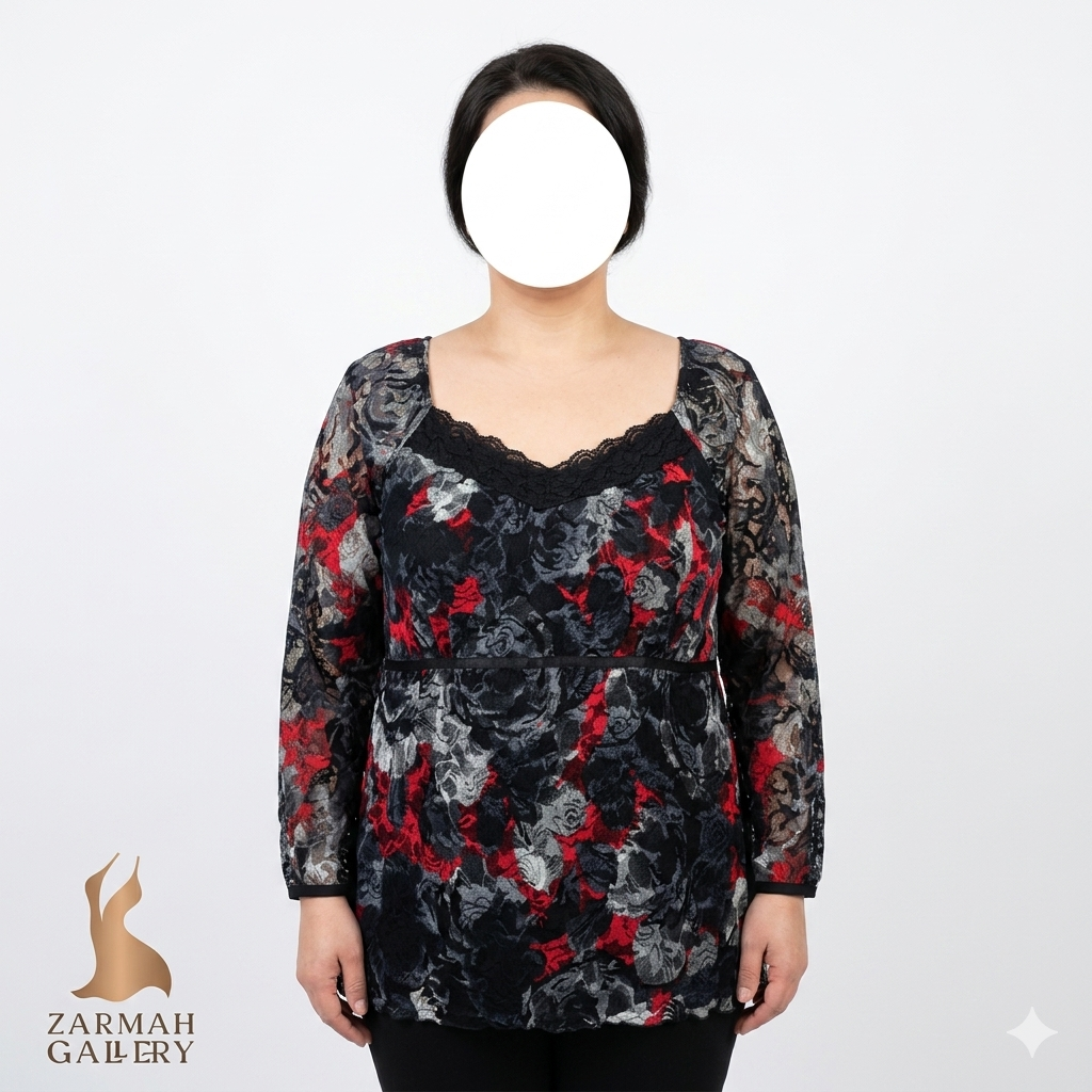 شومیز مجلسی زنانه گیپور طرحدار قرمز و مشکی برند فشن باگ سایز بزرگ استوک وارداتی