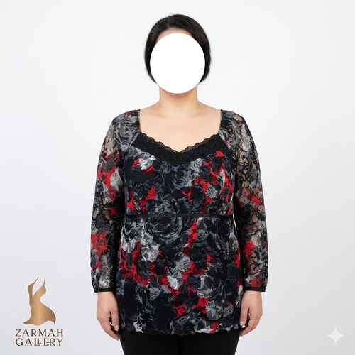 شومیز مجلسی زنانه گیپور طرحدار قرمز و مشکی برند فشن باگ سایز بزرگ استوک وارداتی
