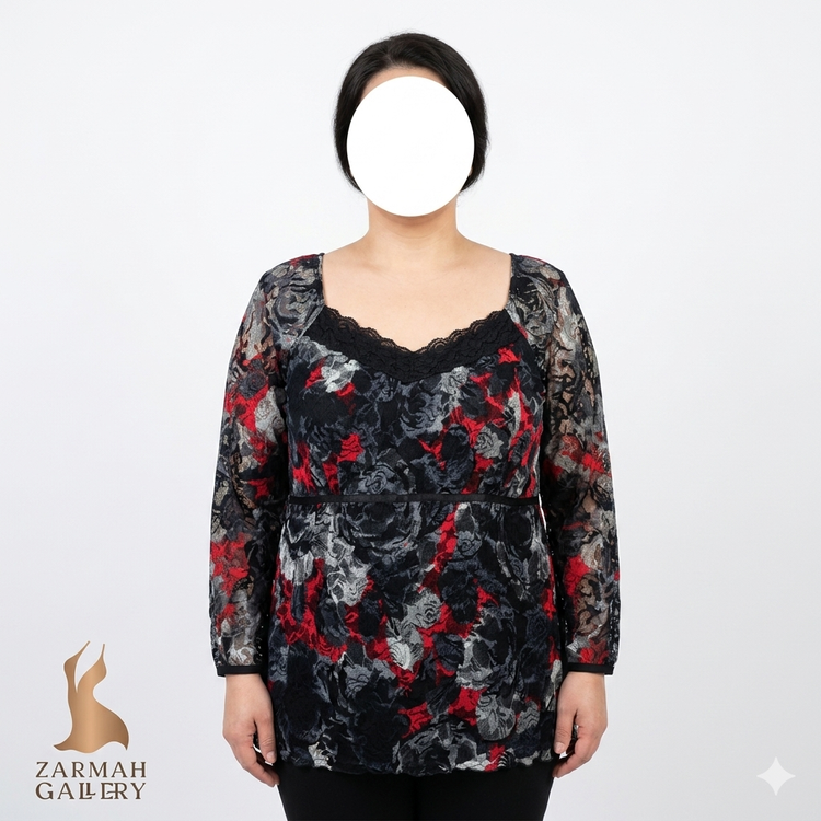 شومیز مجلسی زنانه گیپور طرحدار قرمز و مشکی برند فشن باگ سایز بزرگ استوک وارداتی