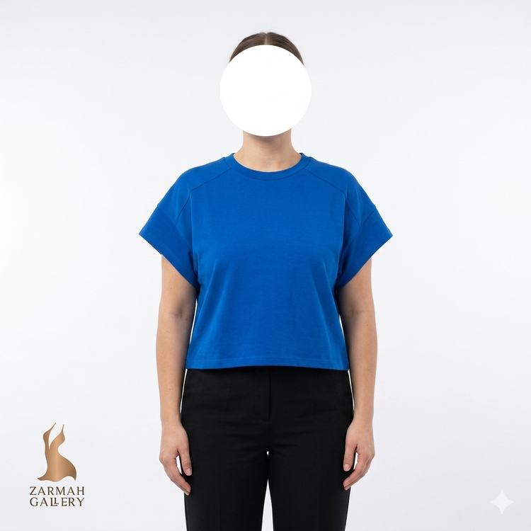 تیشرت آستین کوتاه زنانه رنگ آبی کاربنی جنس نخ پنبه وارداتی استوک درجه یک مناسب سایز ۴۲ و ۴۴