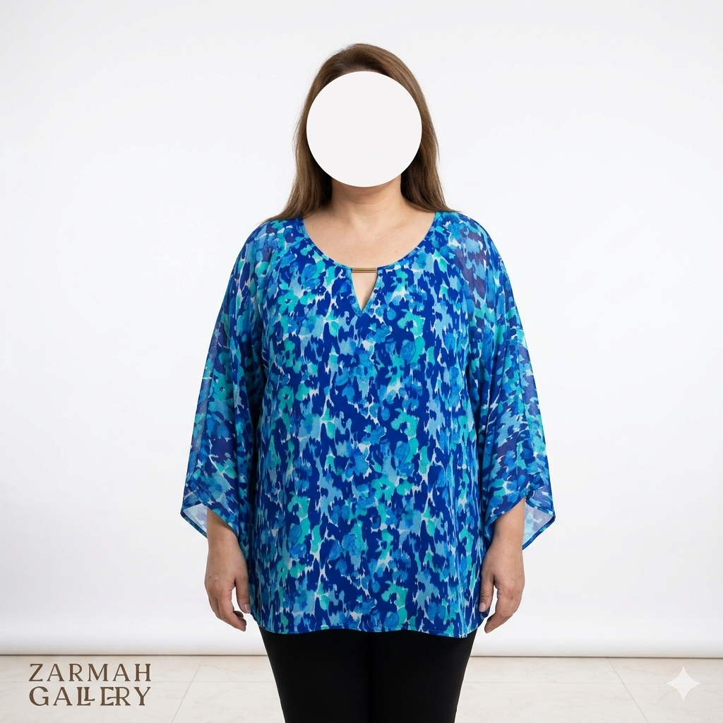 شومیز زنانه سایزبزرگ استوک وارداتی رنگ آبی طرحدار با یقه تزیینی و آستین آزاد مناسب استایل مجلسی