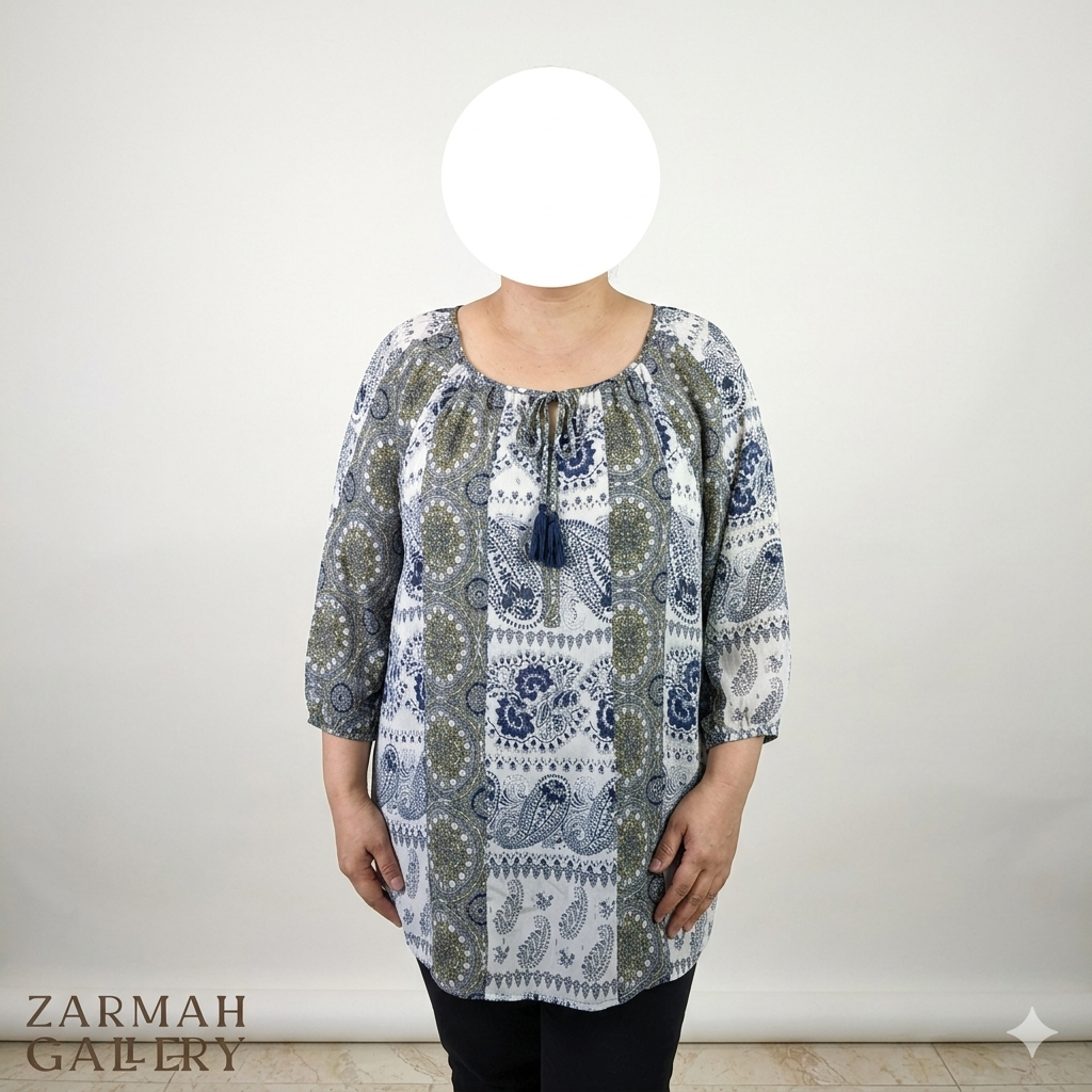 شومیز زنانه سایزبزرگ برند Fig and Flower استوک اروپایی طرح بتهجقه رنگ سفید سرمهای سایز ۱ ایکس مناسب استایل کژوال