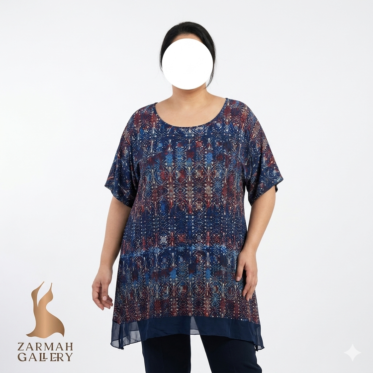 شومیز زنانه سایز بزرگ برند کیتو Cato طرحدار سرمهای و زرشکی وارداتی استوک با لبه حریر