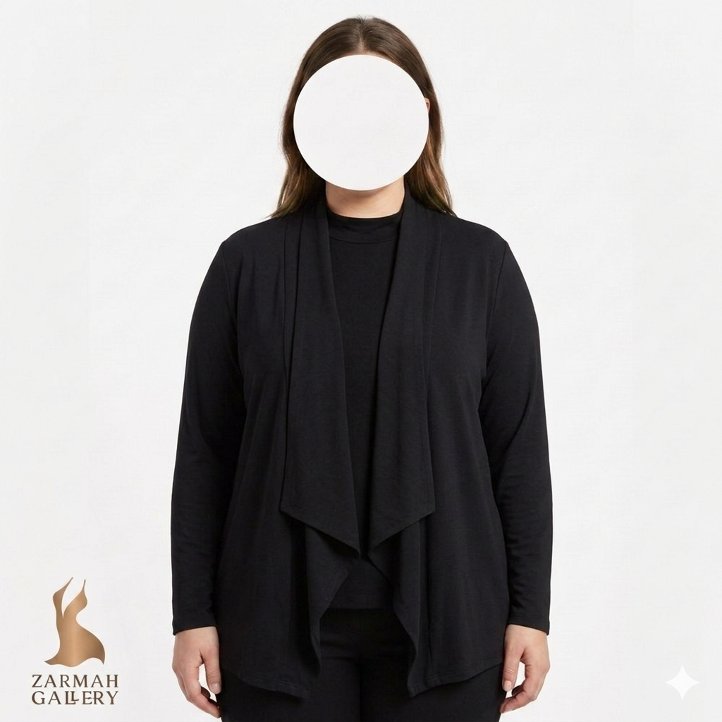 رویه زنانه مشکی سایز بزرگ استوک اروپایی مدل جلو باز با آستین سه ربع مناسب استایل کژوال و رسمی