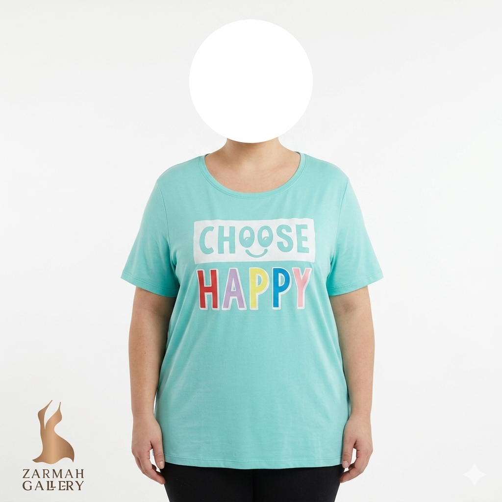 تیشرت زنانه سایزبزرگ رنگ آبی فیروزهای روشن با نوشته چاپی رنگارنگ Choose Happy برند Secret Treasures استوک