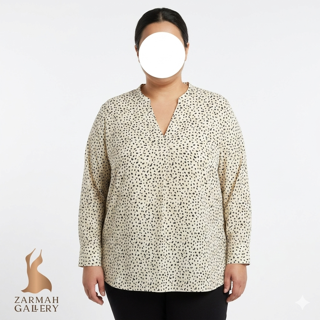 شومیز سفید خالخالی زنانه سایزبزرگ برند اولد نوی Old Navy استوک وارداتی با یقه هفت و آستین بلند