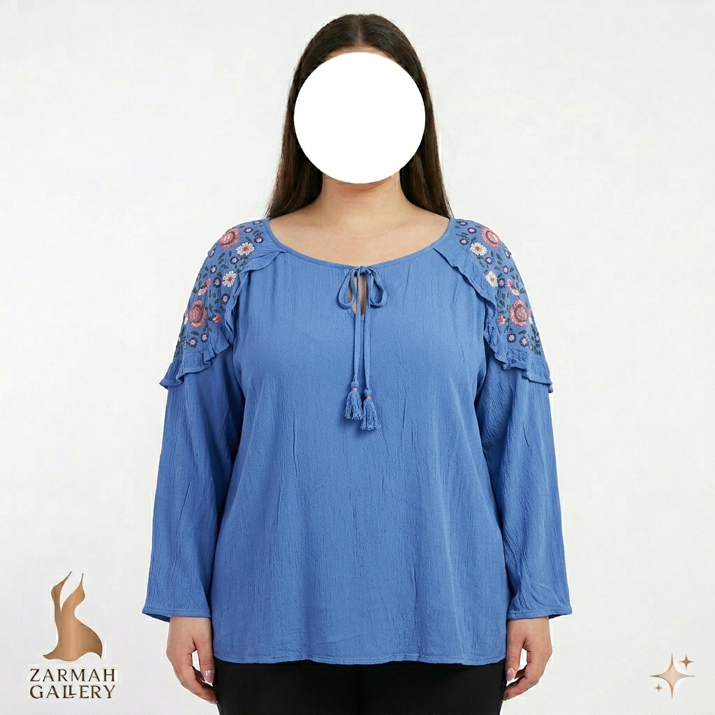شومیز آبی روشن سایزبزرگ زنانه برند سن جانز بی گلدوزی شده روی شانه استوک وارداتی کد