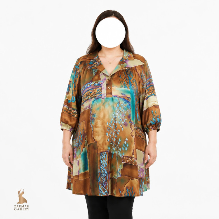 شومیز زنانه استوک وارداتی سایزبزرگ طرحدار قهوهای آبی مناسب سایز 60 تا 62 با استایل آزاد