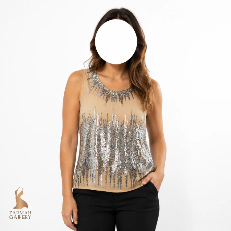 تاپ زنانه استوک وارداتی برند ورو مودا رنگ کرم با پولکدوزی مجلسی مناسب سایز 38 تا 40