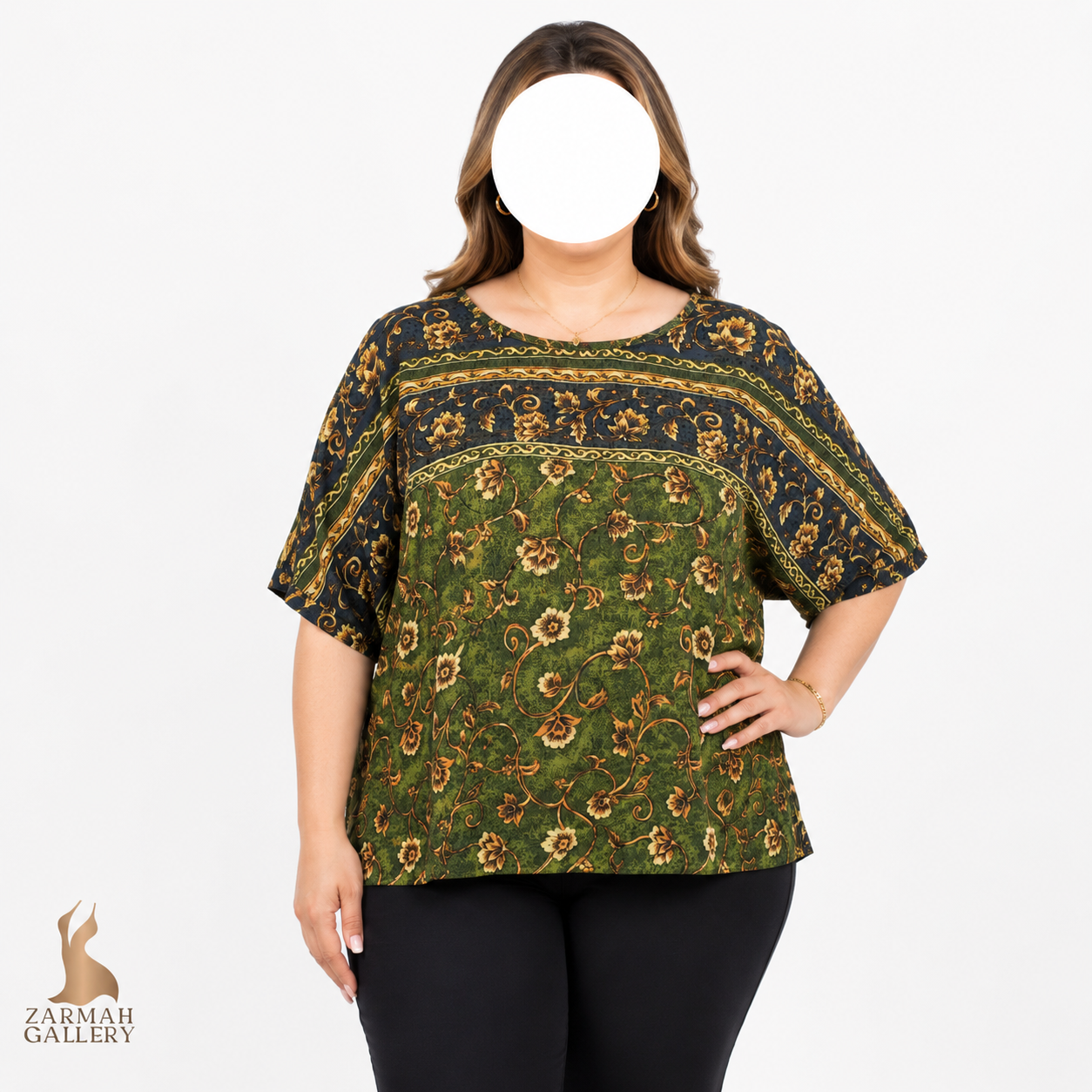 شومیز زنانه استوک وارداتی سایزبزرگ طرح گلدار سبز قهوه‌ای مناسب استایل روزمره و راحتی