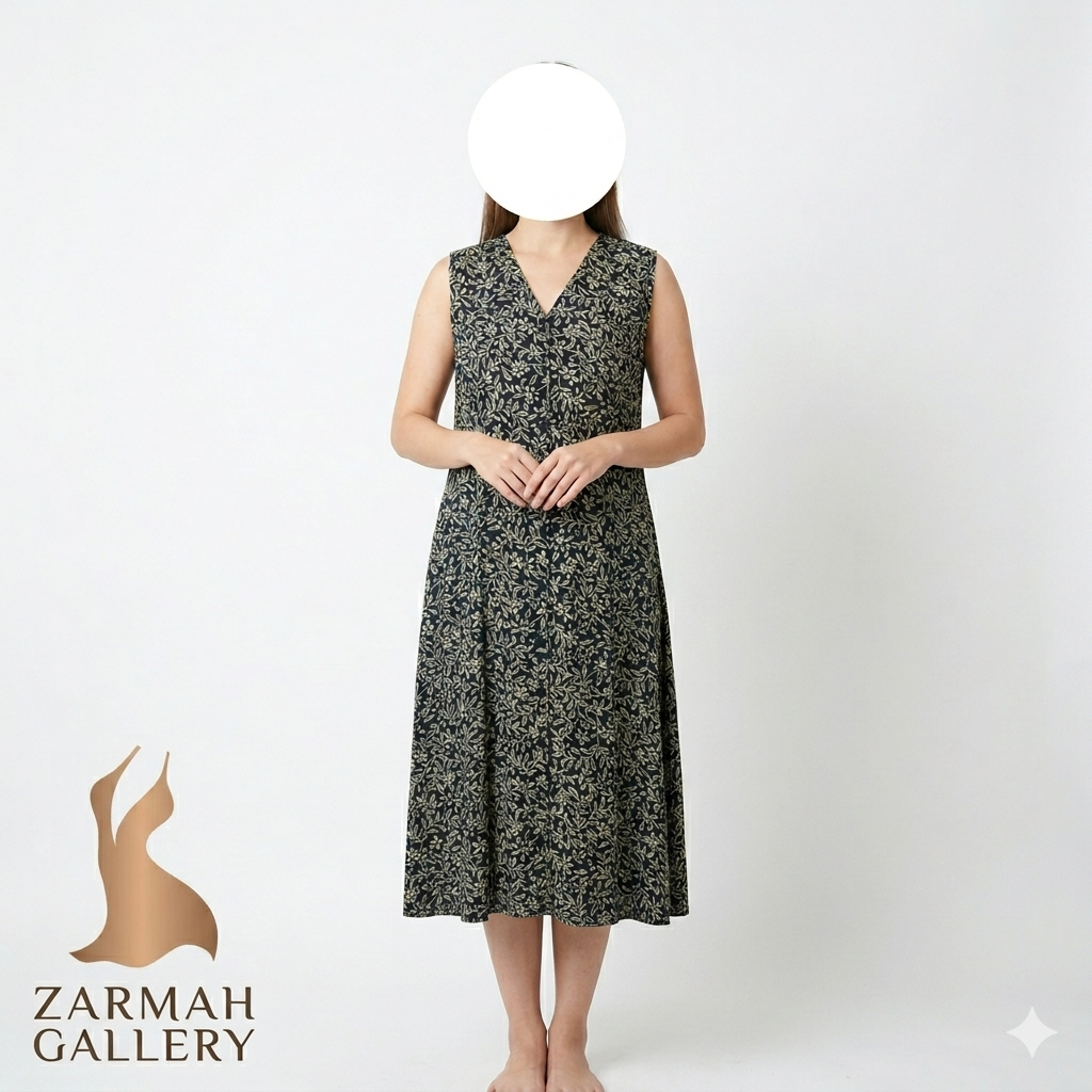 پیراهن زنانه استوک وارداتی بدون آستین طرح گلدار مشکی و کرم کد ۲ فروشگاه زرماه گالری